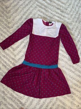 Sz 7-8 Chuckles 80s vintage Girls' Pink Patterned Long-Sleeve Dress White Yoke